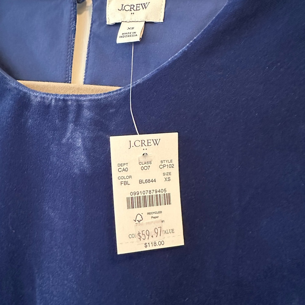NWT! J. Crew Royal Blue Velvet Women's Blouse with Sheer Sleeves - Picture 5 of 8
